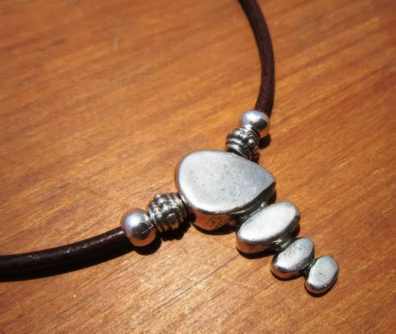 Genuine Leather Choker Necklace with Elegant Silver Pendant