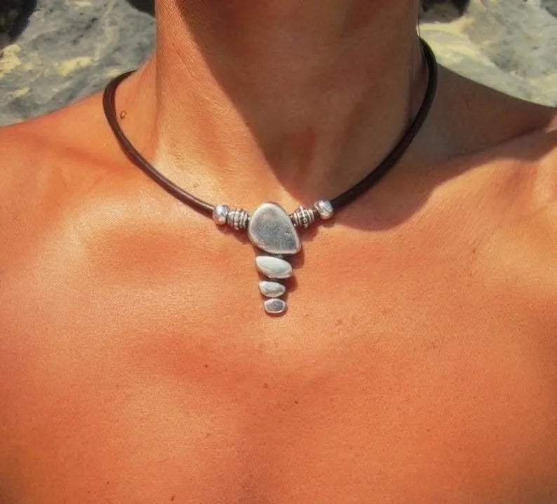 Genuine Leather Choker Necklace with Elegant Silver Pendant